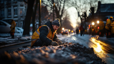 Young man working on the street at night, cleaning sidewalk from snowの素材