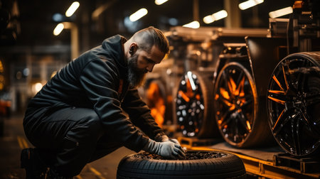 Car mechanic changing a tire on a car wheel in a workshop.の素材