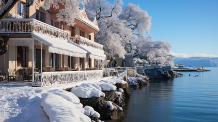 Beautiful house on the shore of Lake Geneva in winter, Switzerlandの素材