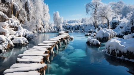Winter landscape with a frozen river and wooden bridge in the park.の素材
