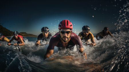 Triathlon triathlete running in water with splashes of waterの素材