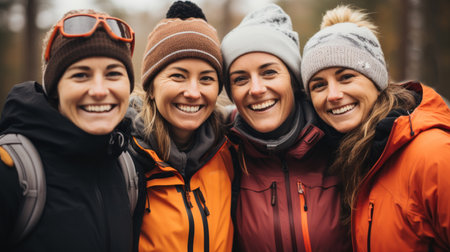 Portrait of a group of four smiling women standing in the forest, spend time together skiing in mountains.の素材