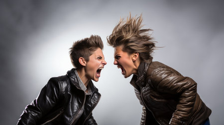 Young couple shouting on a gray background. Shouting and screaming.の素材