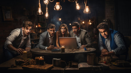 Group of business people working on laptop at night in loft office.の素材