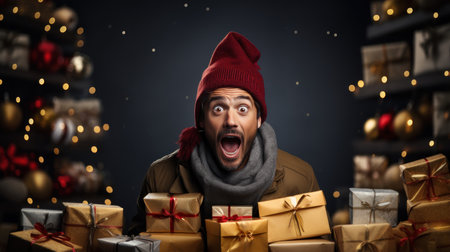 surprised man with christmas gift boxes on a dark backgroundの素材
