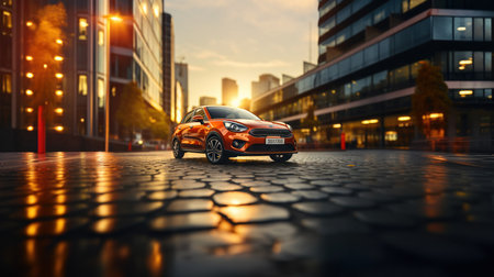 3d rendering of a car in the city at night with reflectionの素材