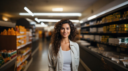 Portrait of beautiful young woman standing in supermarket and looking at cameraの素材