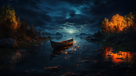 Fantasy landscape with boat on the lake at night. 3D renderingの素材