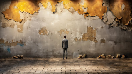 Businessman standing in front of a wall and looking at the wallの素材