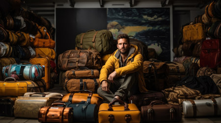 Portrait Of A Young Tourist With Pile Of Luggageの素材