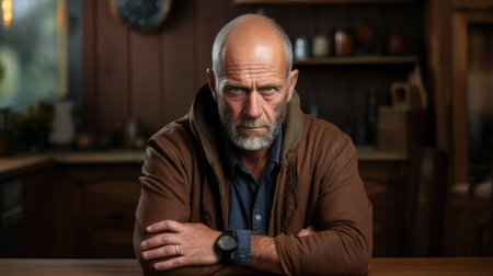 Portrait of a mature bald man in his kitchen at home with a serious expression.の素材