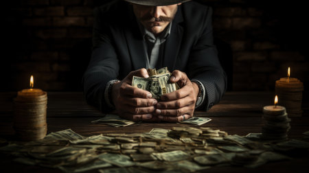 Hands of a man in a hat and mustache with money on the table. Gangster mafia criminal world, gambling.の素材