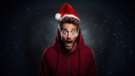 Surprised young man in a red hoodie and christmas hat on a dark background.の素材