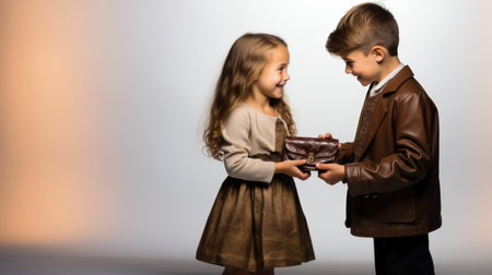 Little boy and girl in brown leather jackets holding a small handbag wallet.の素材