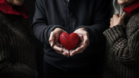 Close up of a senior man holding a red heart in hands. Choose between two old women. Unrequited love.の素材