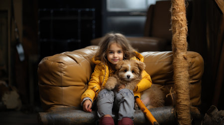 Little girl in a yellow jacket sits in an armchair with a dogの素材