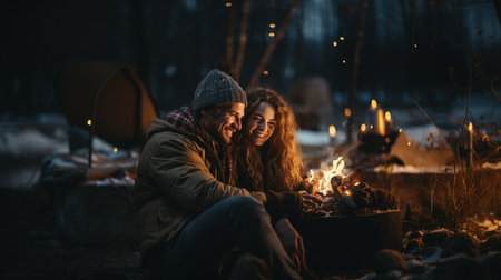 Young couple sitting near bonfire in forest at night. Romantic date.の素材