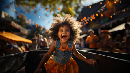 Portrait of happy afro-american girl in amusement parkの素材