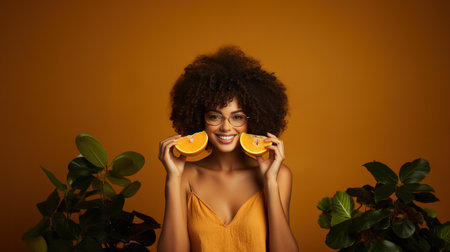 beautiful african american woman holding orange halves and looking at camera isolated on orangeの素材