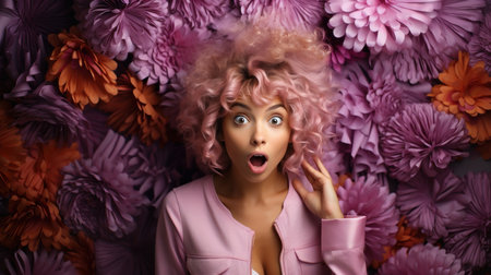 Surprised young woman with curly pink hair lying on a floral backgroundの素材
