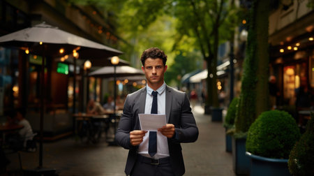 Portrait of a young businessman holding a document while standing in the streetの素材