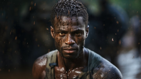 Portrait of young African man with dirty face and wet skin.の素材