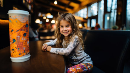 Cute little girl sitting in a coffee shop and looking at cameraの素材