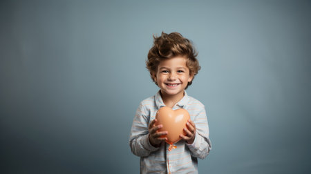 Portrait of a cute little boy holding a heart-shaped balloon.の素材