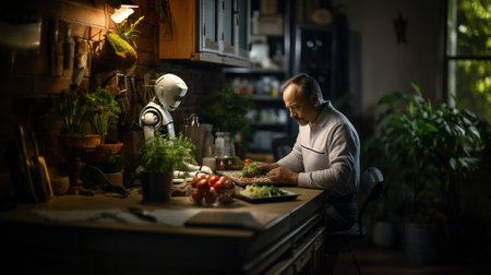 Side view of mature man cooking vegetable salad in the kitchen at nightの素材
