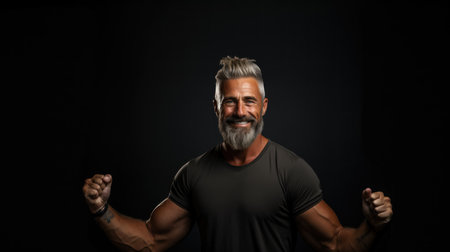 Handsome middle aged man with a beard and mustache in a black t-shirt posing on a black backgroundの素材