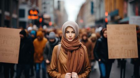 A young woman in a headscarf and a shawl is protesting on the street.の素材