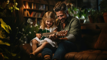 Cute little girl playing ukulele guitar with her father at home.の素材