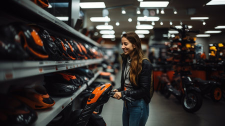 Smiling young woman choosing scooter in sports store.の素材