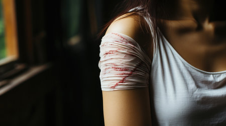 Close up of a woman with bloody wound on her arm and shoulder.の素材