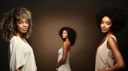 Distortion composition of three young beautiful african american women with different hairstyles on brown background.の素材