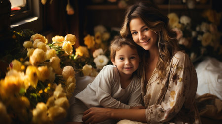 Beautiful young mother and her little son sitting on the bed with yellow roses flowers.の素材