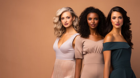 Group of women of different dressed standing together. Three diverse women looking at camera against pastel background.の素材
