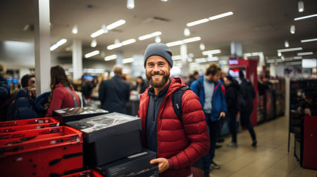 Bearded man in a red jacket and a hat looking at the camera while standing in the shopping center and holding boxes.の素材