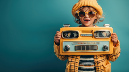 Cheerful kid in yellow hat and sunglasses holding retro radio on blue background, copy space.の素材