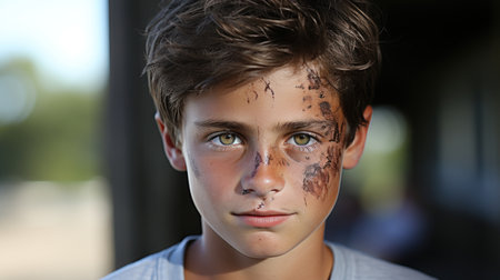 Portrait of a young boy with with scrapes on his face.の素材