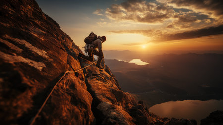 Silhouette of a man climbing on the top of a mountain.の素材