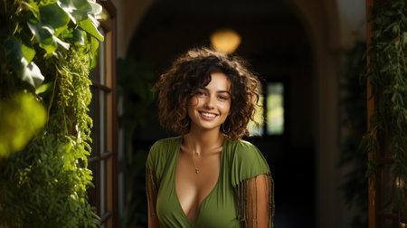 Portrait of beautiful young woman with curly hair smiling and looking at cameraの素材