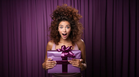 Beautiful young woman with curly hair opening gift box and looking at cameraの素材