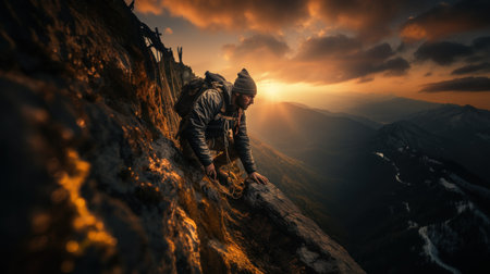 Young man climbing on the top of a mountain in the sunset.の素材