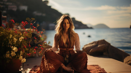 Portrait of a beautiful young woman with long hair sitting on a pier at sunsetの素材