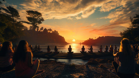 Silhouette of people practicing yoga at sunset in the sea.の素材