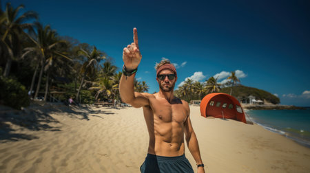 Young man with shirtless torso and sunglasses pointing finger up at tropical beachの素材