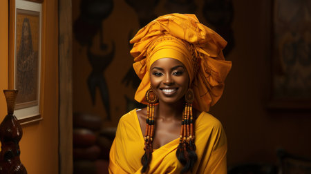 Beautiful african american woman in turban and yellow dressの素材