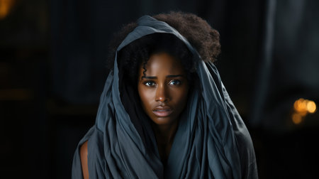 beautiful african american woman in black scarf looking at cameraの素材