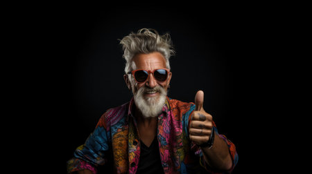 Portrait of a senior man with short gray hair and sunglasses showing thumbs upの素材